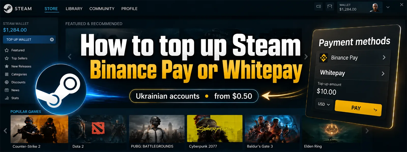 How to top up Steam in Ukraine with cryptocurrency